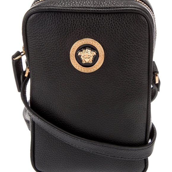 AUTHENTIC VERSACE unisex Leather Crossbody Bag GOLD MEDUSA GRECA - Picture 1 of 12